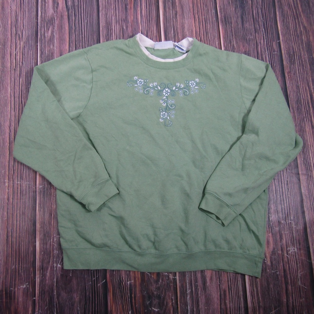 Blair Womens‎ Large Green Granny Core Sweater Sweatshirt Pullover Floral 90s